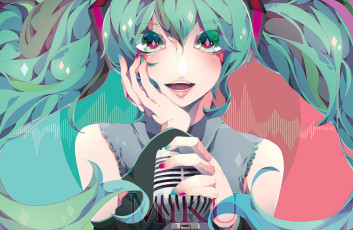 Картинка аниме vocaloid радость глаза микрофон девушка hatsune miku puri арт