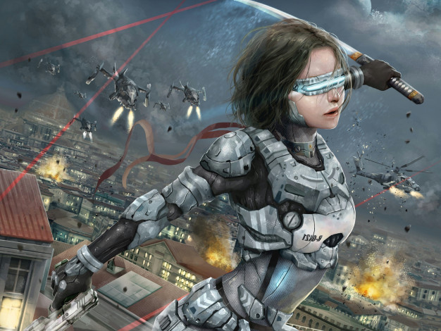 Обои картинки фото фэнтези, роботы,  киборги,  механизмы, будущее, девушка, солдат, вертолеты, город, атака