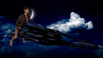 Картинка 3д+графика фантазия+ fantasy полет фон взгляд девушка облака луна ночь