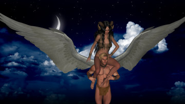 Картинка 3д+графика существа+ creatures луна кастаника облака ангел полет фон взгляд мужчина
