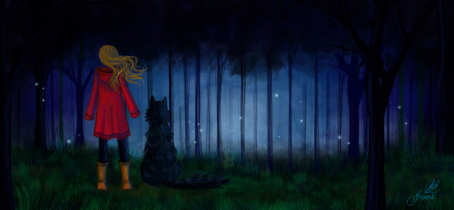 Обои картинки фото рисованное, дети, лес, звезды, собака, девочка, ночь