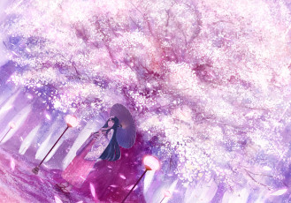 Картинка аниме unknown +другое цветущая сакура bounin арт фонари зонтик девушка