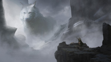 Картинка фэнтези существа фантастика арт волк wolf туман скалы