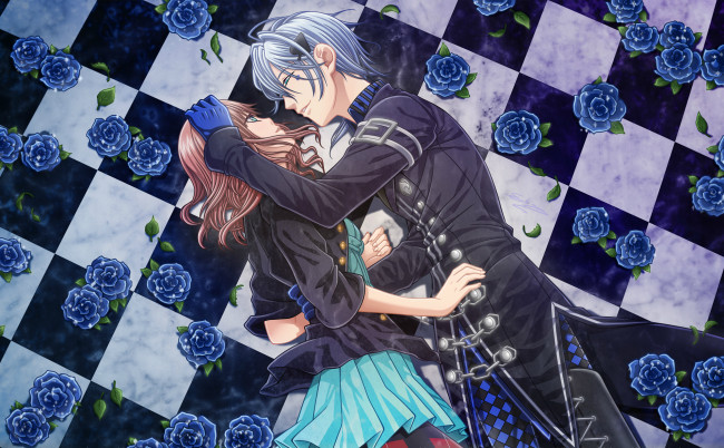 Обои картинки фото аниме, amnesia, art, hanamura, mai, heroine, ikki, двое, шахматная, клетка, голубые, розы, плащ