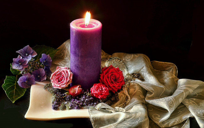 Обои картинки фото разное, свечи, розы, свеча, платок