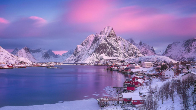 Обои картинки фото города, - пейзажи, снег, зима, острова, лофотенские, норвегия