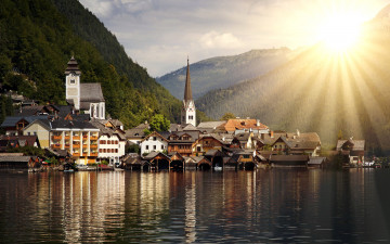 Картинка города гальштат+ австрия озеро горы дома