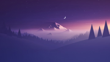 Картинка векторная+графика природа+ nature месяц ёлки пейзаж лес гора звезды туман горы