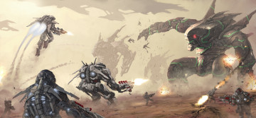 Картинка фэнтези роботы +киборги +механизмы фантастика война битва пустыня art