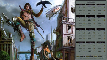 обоя календари, фэнтези, девушка, оружие, птица, здание