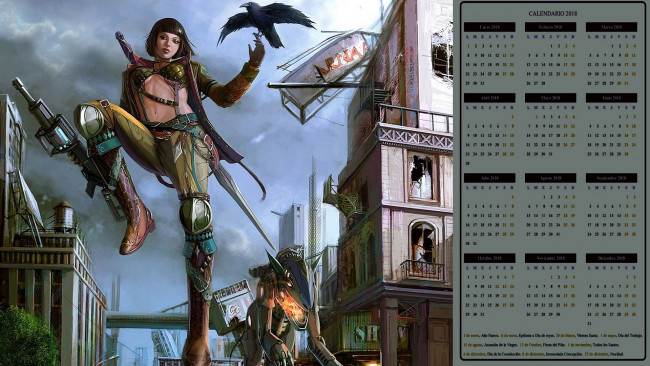 Обои картинки фото календари, фэнтези, девушка, оружие, птица, здание