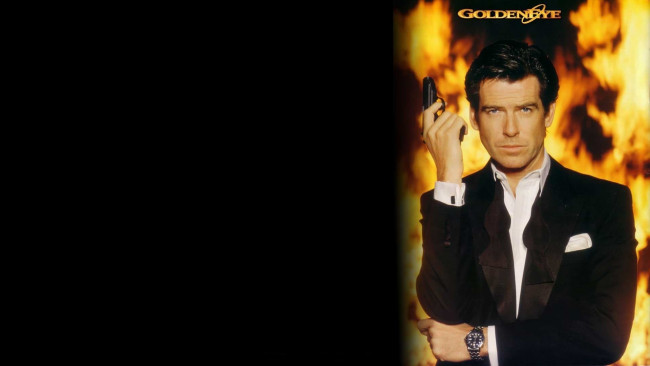 Обои картинки фото кино фильмы, 007,  golden eye, огонь, джеймс, бонд, костюм, пистолет