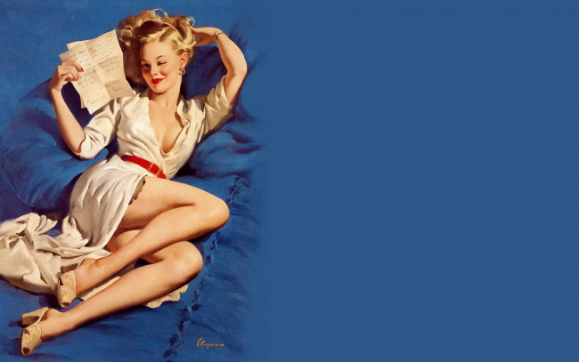 Обои картинки фото рисованное, gil elvgren, девушка, блондинка, письмо, платье, каблуки, постель