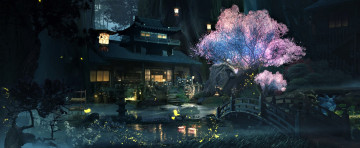Картинка рисованное кино +мультфильмы дома мост река деревья