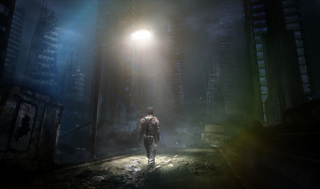 Обои картинки фото видео игры, afterfall,  insanity, человек, город, фонарь