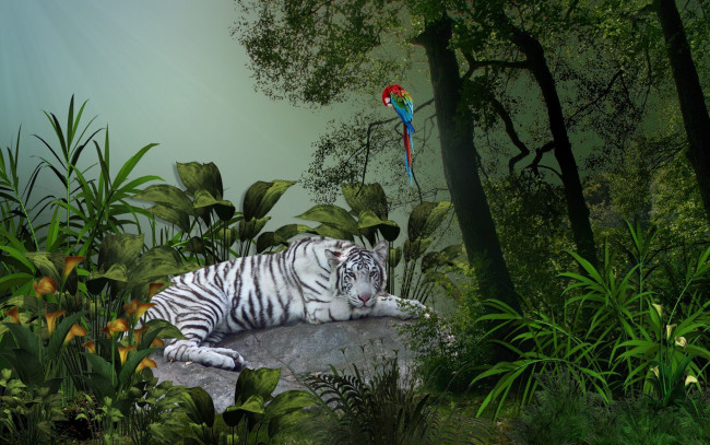 Обои картинки фото 3д, графика, animals, животные, тигр, лес, попугай