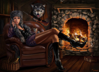 Картинка фэнтези девушки волк камин охотник девушка