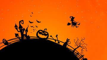 обоя праздничные, хэллоуин, кресты, кости, привидение, кот, helloween, силуэты, ведьма, тыквы, метла, дом, изгородь, забор, летучие, мыши