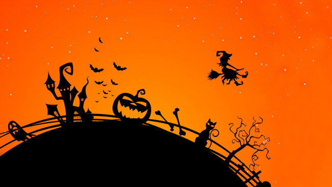 Обои картинки фото праздничные, хэллоуин, кресты, кости, привидение, кот, helloween, силуэты, ведьма, тыквы, метла, дом, изгородь, забор, летучие, мыши