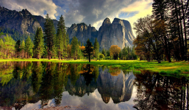 Обои картинки фото природа, пейзажи, yosemite, national, park, горы, калифорния, йосемити, деревья, сша, usa, отражение, вода, озеро