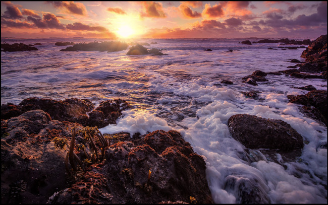 Обои картинки фото природа, восходы, закаты, камни, заря, горизонт, прибой, океан