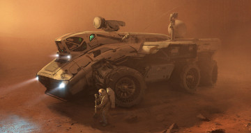 Картинка фэнтези транспортные+средства песок экспедиция буря космонавты астронавты марсоход вездеход марс