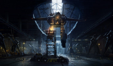 Картинка фэнтези роботы +киборги +механизмы будущее цех завод гиганты сборка