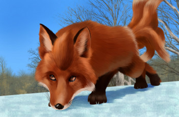 Картинка рисованное животные +лисы зима фон лиса
