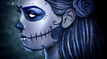 Картинка фэнтези нежить арт sugar skull лицо dia de los muertos роза макияж девушка череп