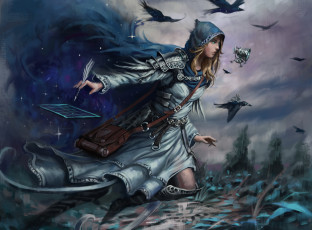 Картинка фэнтези маги +волшебники фон полет платье перо птица девушка