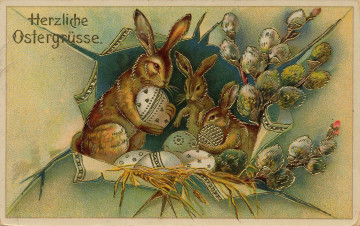 Картинка старинная пасхальная открытка праздничные пасха кролики верба писанки