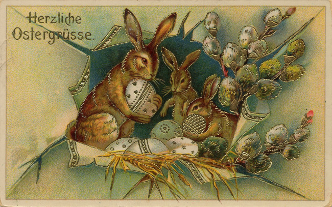 Обои картинки фото старинная, пасхальная, открытка, праздничные, пасха, кролики, верба, писанки