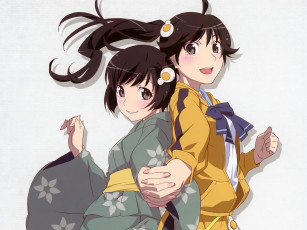 Картинка аниме bakemonogatari araragi+karen araragi+tsukihi девушки форма кимоно заколка