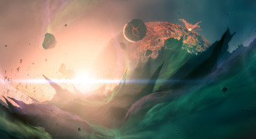 Картинка космос арт камни метеориты трещины лава огонь скалы пики острые свет планеты звезда
