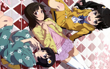 Картинка аниме bakemonogatari araragi+karen araragi+tsukihi девушки форма кимоно заколка sengoku+nadeko клетчатый+пол лепестки