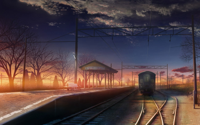 Обои картинки фото аниме, byousoku, centimeter, вечер, перрон, поезд, станция, закат, железная, дорога