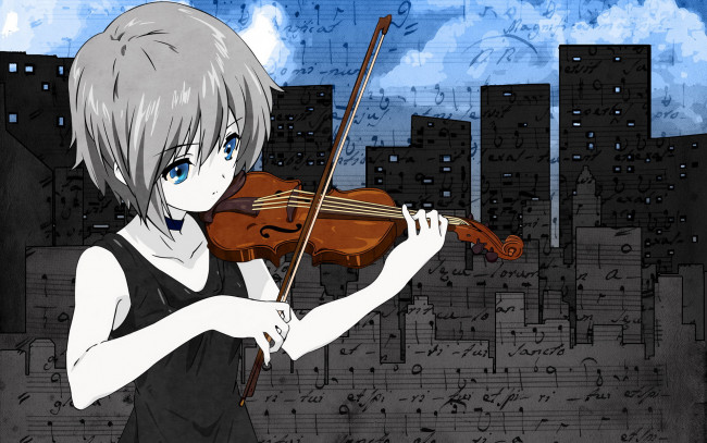 Обои картинки фото аниме, the, melancholy, of, haruhi, suzumiya, скрипка, nagato, yuki
