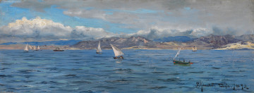 Картинка рисованные peder+mork+monsted лодка парус горы облака пейзаж море картина небо peder monsted
