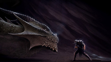 Картинка рисованные животные +сказочные +мифические меч воин мужчина шлем ящер рога голова дракон