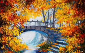 Картинка рисованные живопись seasons ступеньки мостик окрас время года осень деревья stairs bridge color trees autumn