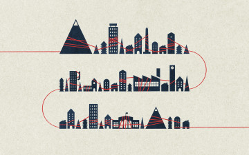 обоя векторная графика, город, деревья, здания, дома, горы, линия
