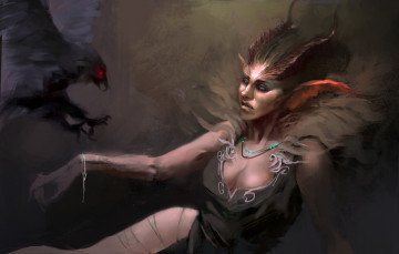 Картинка фэнтези существа рога женщина демон ворон птица
