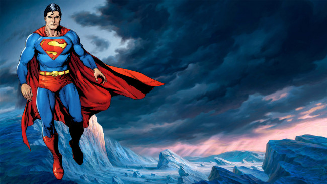 Обои картинки фото рисованные, комиксы, супермен, полет, горы, снег, тучи