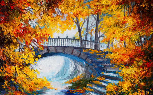 Обои картинки фото рисованные, живопись, seasons, ступеньки, мостик, окрас, время, года, осень, деревья, stairs, bridge, color, trees, autumn