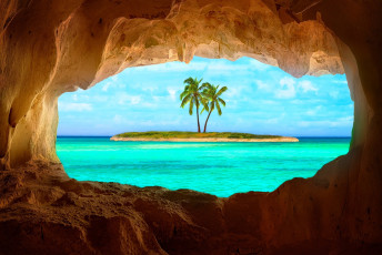 Картинка природа тропики океан пальмы остров грот