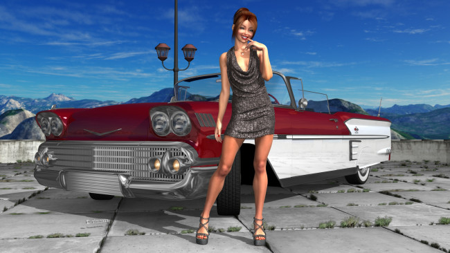 Обои картинки фото автомобили, 3d car&girl, девушка, взгляд, автомобиль, фон