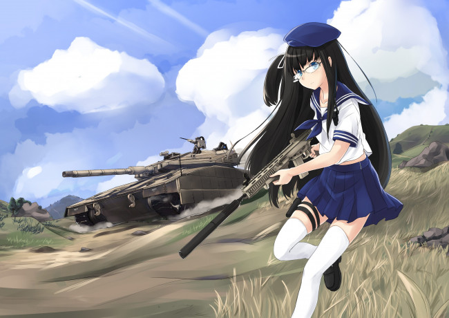 Обои картинки фото аниме, оружие,  техника,  технологии, girl, gun, weapon, anime, brunette, rifle, tank, japanese, seifuku
