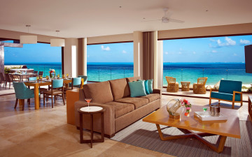 Картинка интерьер кафе +рестораны +отели море терраса диван столы сервировка