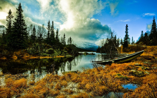 Обои картинки фото природа, реки, озера, пейзаж, деревья, лодка