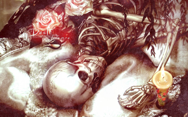 Обои картинки фото фэнтези, нежить, смерть, свеча, розы, скелет, цветы